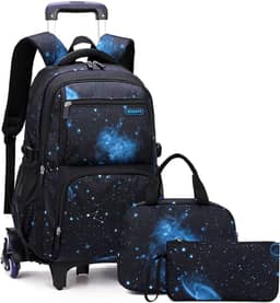 ACAGALA Mochila Rolante Infantil Para Meninos, Meninas, Mochila com Rodas, Carrinho, Mochila Escolar, Mochila com Lancheira, Bolsa de Lápis (Céu Estrelado Preto E Azul) Céu Estrelado Preto E Azul