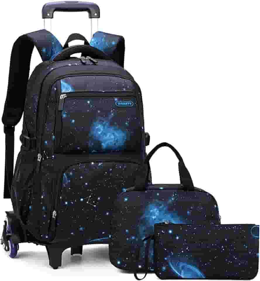 ACAGALA Mochila Rolante Infantil Para Meninos, Meninas, Mochila com Rodas, Carrinho, Mochila Escolar, Mochila com Lancheira, Bolsa de Lápis (Céu Estrelado Preto E Azul) Céu Estrelado Preto E Azul