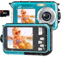 Câmera impermeável 4K, câmera digital, impermeável, câmera subaquática, 3 metros à prova d'água, flutua na água, sem necessidade de capa, cartão de 32 GB, 48 MP, tela dupla, selfie, zoom digital 16x,