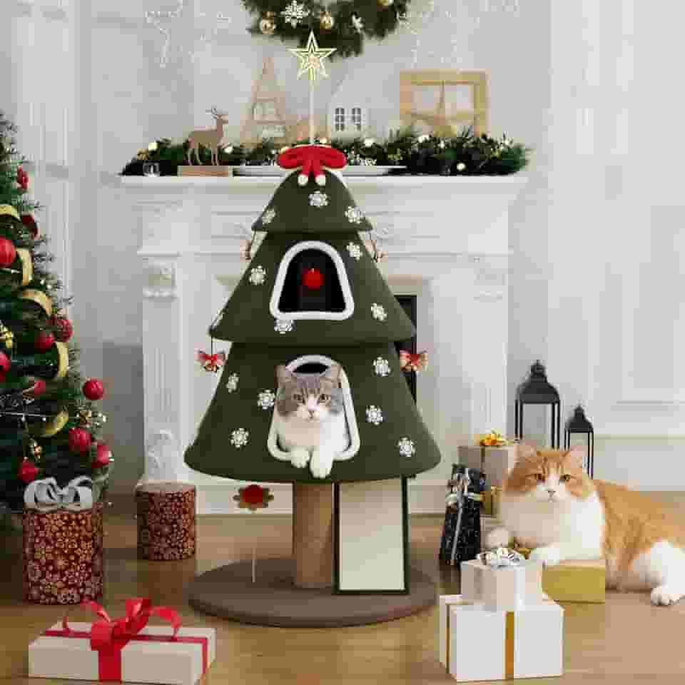 Grande torre de árvore de Natal interna, casa de condomínio para gatos moderna e resistente com poste arranhador e brinquedos para decorações de Natal