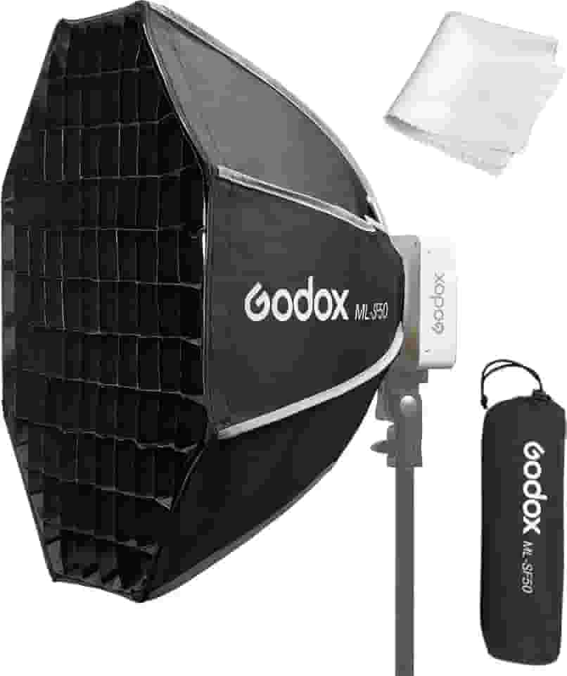 GODOX Softbox Octogonal Ml100Bi Ml-Sf50, 50 Cm X Cm/19,6 Pol. 19,6 Pol., Com Suporte Para Ml100R Ml100Bi, Ml60Iibi, Ml60Bi, Ml60, Ml30Bi, Ml30, Luz De Vídeo Led
