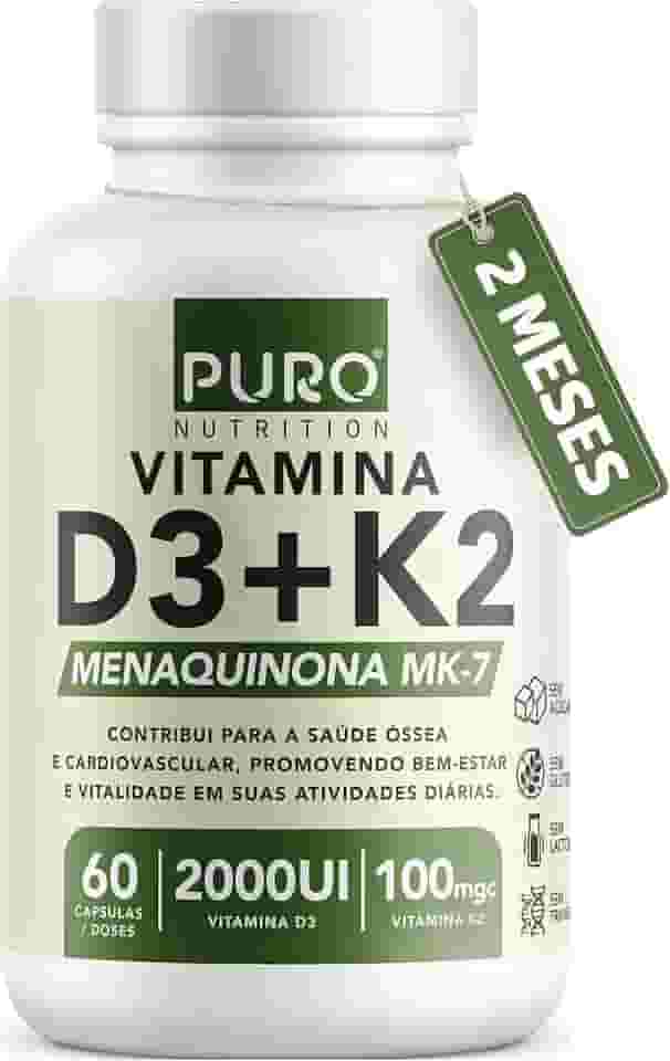Vitamina D3 + K2 Puro Nutrition 2000 iu D3 com 100mcg de Vitamina K2 MK-7, 60 Cápsulas
