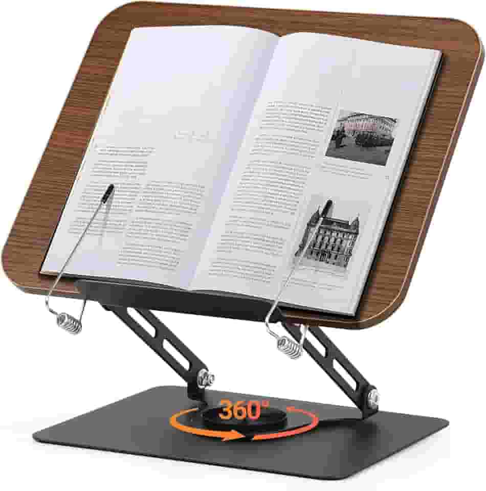 360° Suporte de Livro para Leitura com Base GiratóRia, Suporte para Livros Leitura, Apoio de Leitura, Apoio de Leitura Livro, Designs Dobráveis e Clipes Elásticos, Estante de Leitura