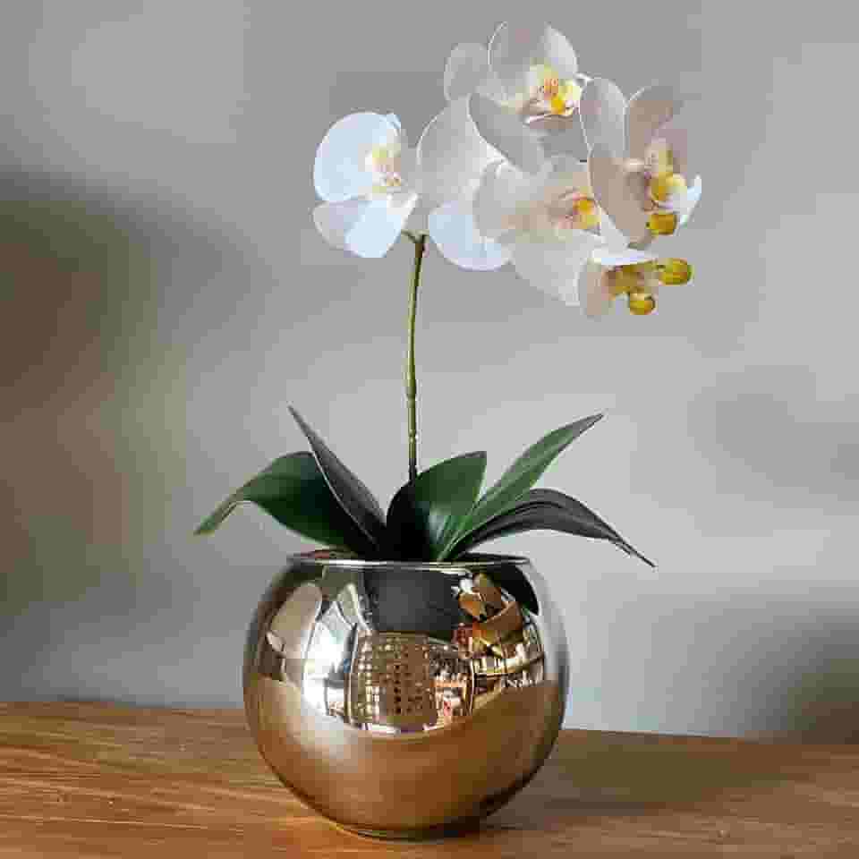 Decore Fácil - Orquídea Branca Artificial Arranjo no Vaso Espelhado Flores Permanentes