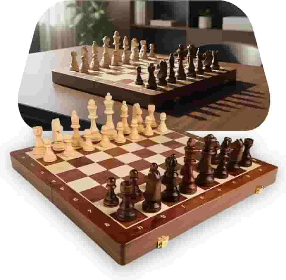 Jogo de Xadrez Clássico Profissional 100% Madeira Reflorestada, Tabuleiro Dobrável Portátil, Luxo com Acabamento em Verniz