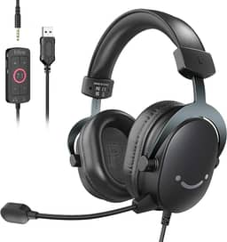 FIFNE Fone de ouvido para jogos de PC, fone de ouvido USB com som surround 7.1, microfone removível, caixa de controle, conector de 3,5 mm,com fio sobre a orelha para PS5/Xbox/Switch-H9 preto