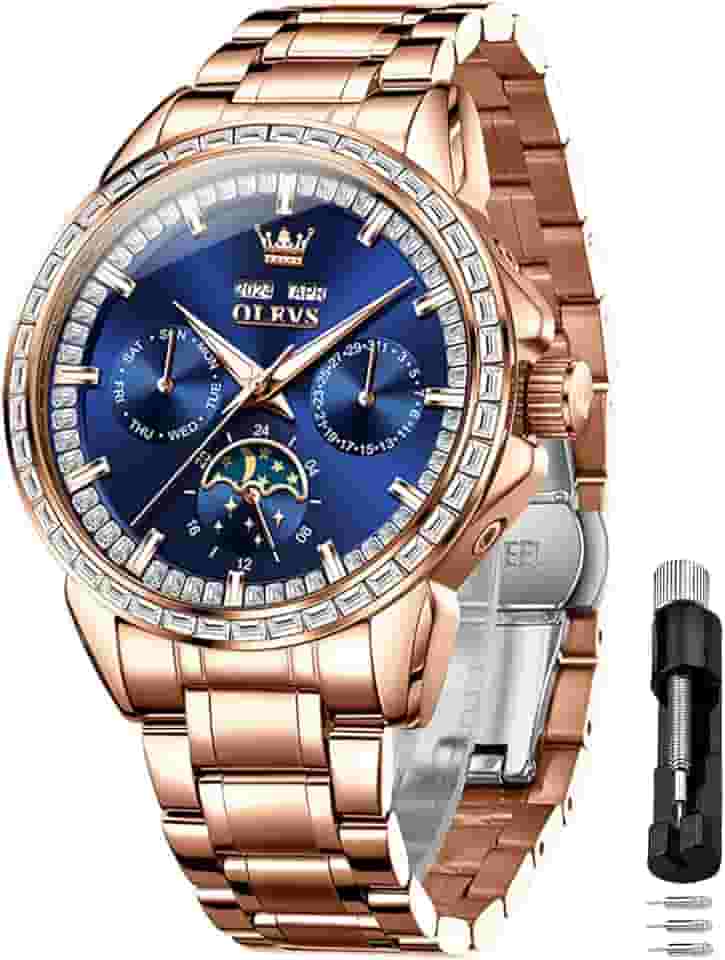 Relógio de pulso masculino com corda automática, diamante, aço inoxidável, aço inoxidável, à prova d'água, luminoso, calendário