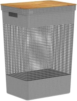Cesto de Roupas Grid c/Tampa de Bambu 49L Cinza OU
