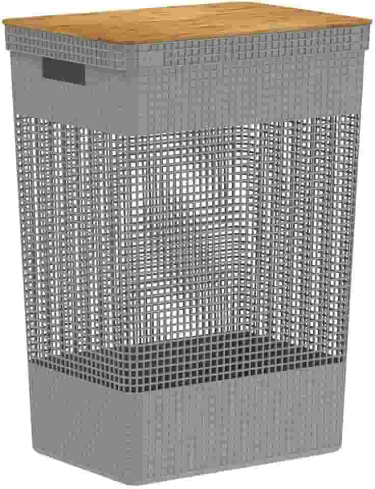 Cesto de Roupas Grid c/Tampa de Bambu 49L Cinza OU