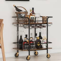 Carrinho de Bar com 2 Níveis, Carrinho de Serviço de Bar Móvel, Rack de Vinho e Suporte para Copos, Ideal para Cozinha, Sala de Jantar e Festas, Marrom