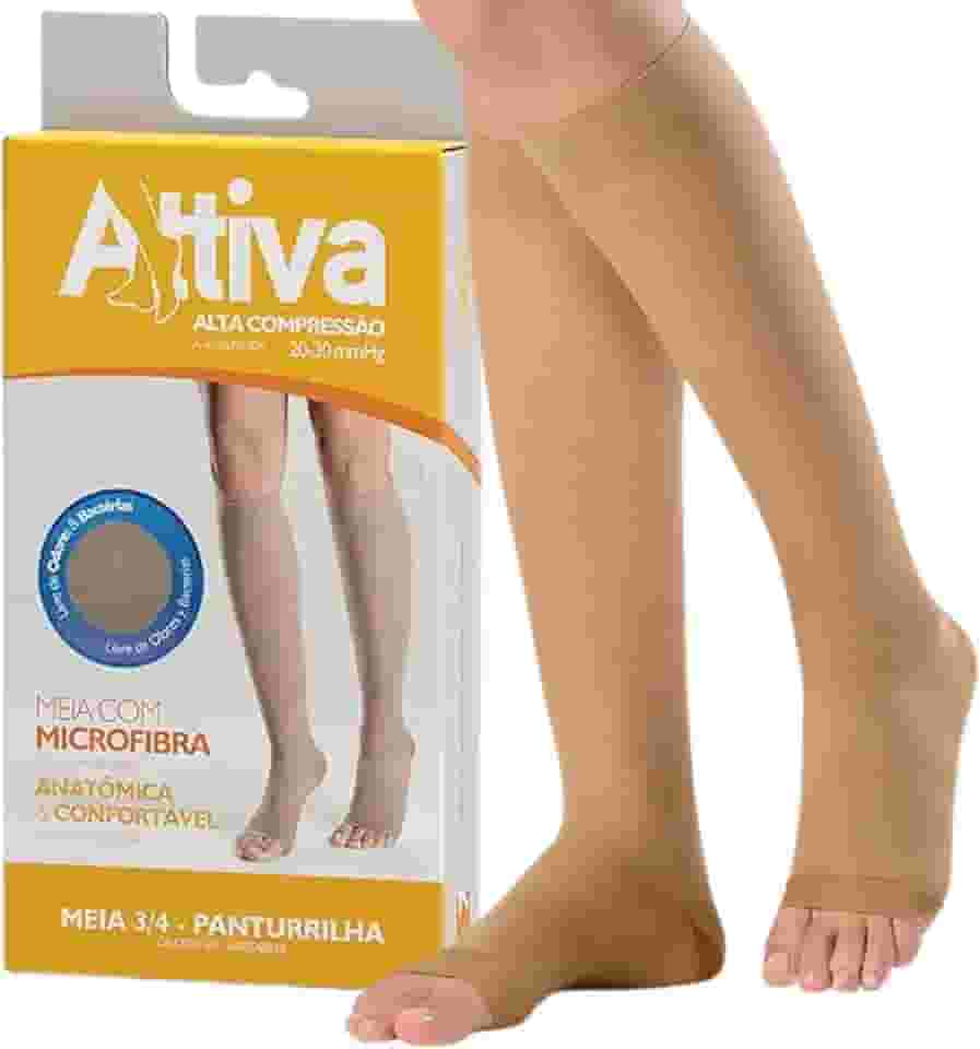 Meia de Compressão Feminina Meia 3/4 Panturrilha Alta Compressão 20-30 Sem Ponteira Cor Natural ATTIVA