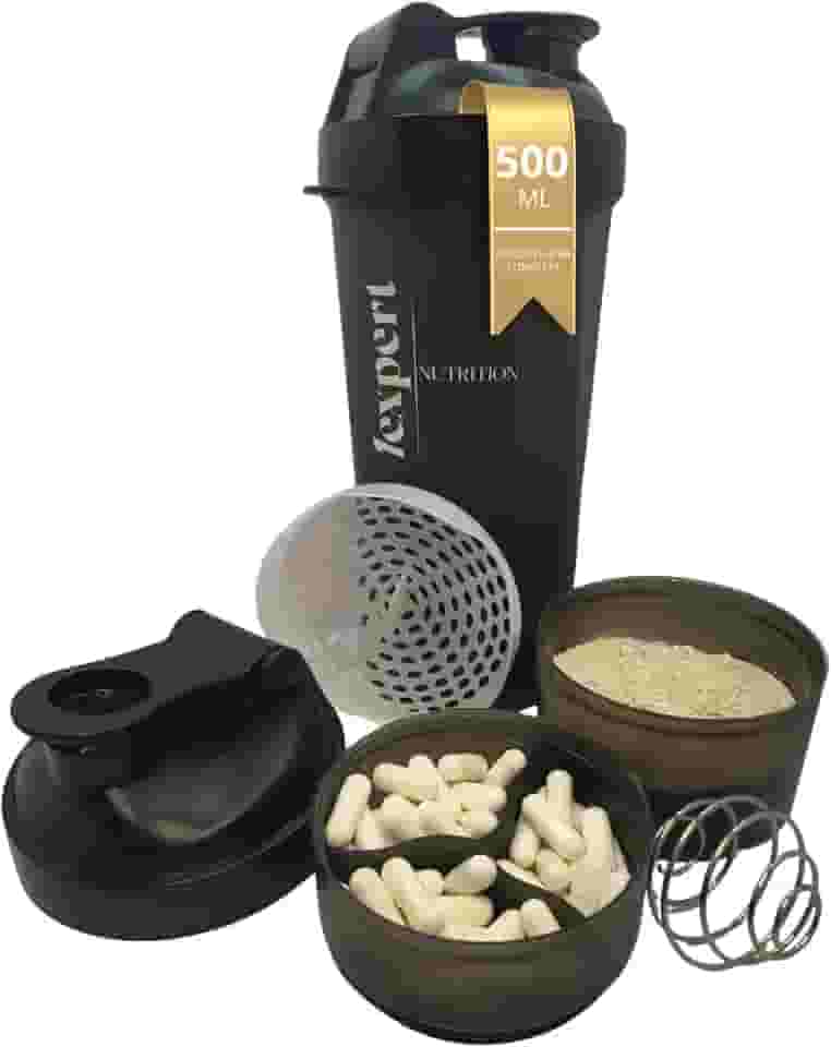 Coqueteleira 500 ml – Shaker Premium Compartimento Divisória para Cápsulas e Pó/Suplemento, Misturador de Aço e Peneira, Mistura Rápida e Design Fitness para Academia e Dia a Dia