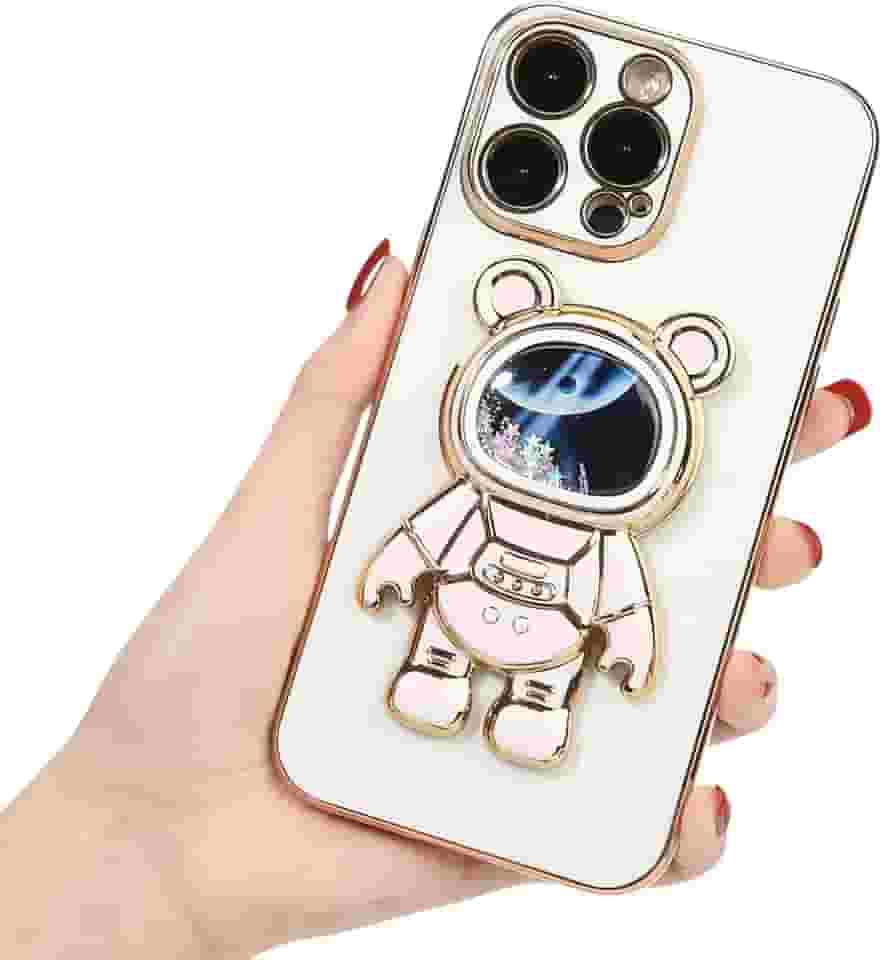 Capa para iPhone 16 Pro, à Prova de Choque, 360° Proteção Completa, Capa de Moda com Suporte Astronauta, TPU Anti-Queda, Proteção de Câmera, Antiamarelo (16P, Branco)