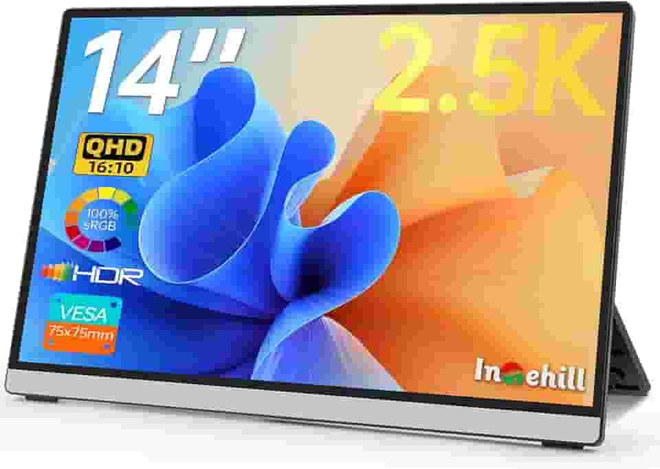 Intehill Monitor portátil de 14 polegadas 2,5 K, tela portátil 2560x1600 para laptop, monitor de viagem 16:10 com vidro temperado, tela portátil HDMI 100% sRGB, monitor externo móvel com suporte e