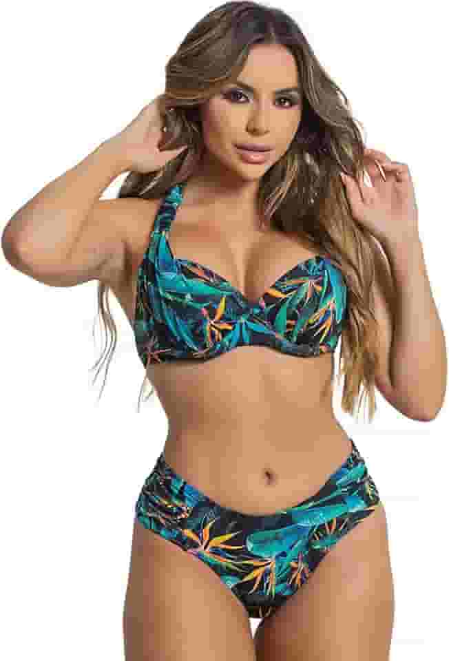 Biquíni Estampado com Bojo Meia-Taça e Calcinha Drapeada Disfarça Barriga