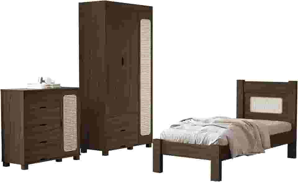 Quarto Completo Solteiro Clara Com Cômoda Roupeiro e Cama. (Chocolete)