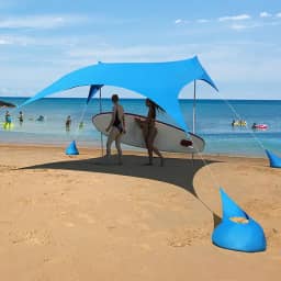 TRAGLO Barraca de Praia Familiar, Abrigo Solar para Camping de 210x150 cm, Barraca à Prova de Vento com Guarda-Sol, Cobertura de Praia Externa com 2 Varas de Estabilidade para Viagem(Azul)