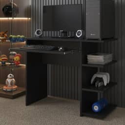 Escrivaninha/Mesa de Computador com 1 Gaveta e Prateleiras Organizadora para Quarto ou Escritório de Estudo Gamer (Preto)