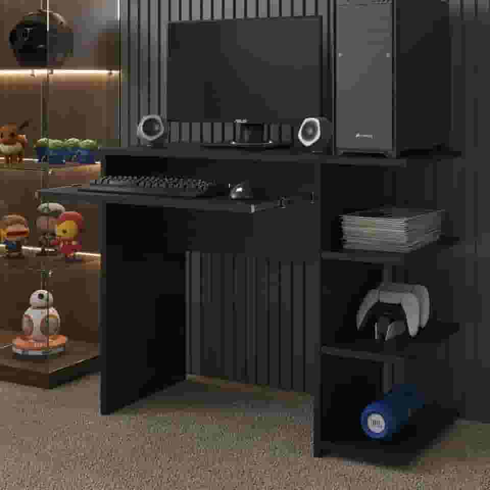 Escrivaninha/Mesa de Computador com 1 Gaveta e Prateleiras Organizadora para Quarto ou Escritório de Estudo Gamer (Preto)