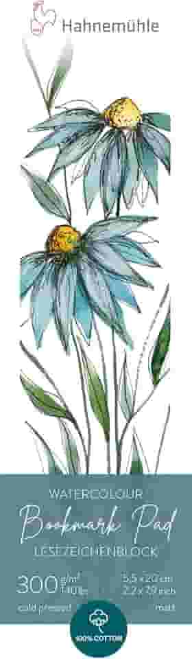 Marca paginas Hahnemühle 300 g/m², bloco aquarela, textura fina, 5,5x20cm, 15 fls