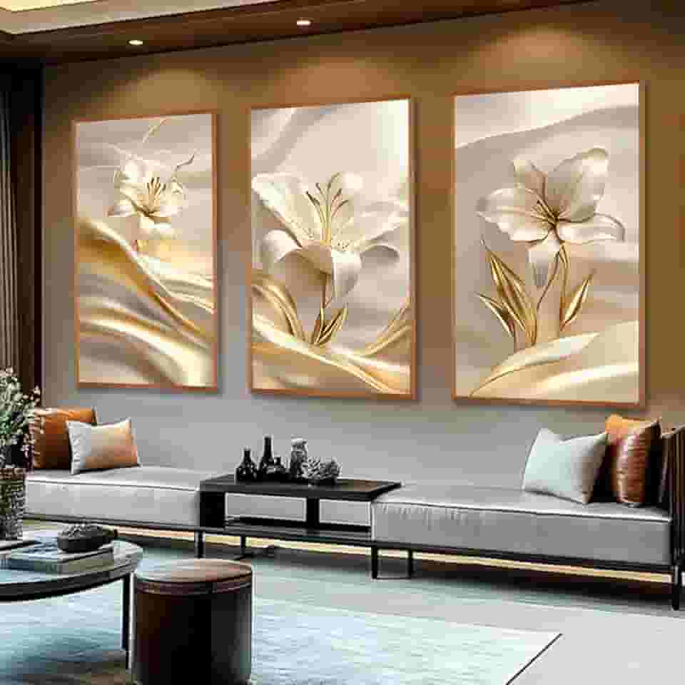 Kit com 3 Quadros Decorativos 30x50 cm Floral Vibrante Contemporâneo com Moldura Retangular com 2cm de largura Natural, na posição Vertical, ideal para ambiente de Sala, Quarto e Hall. Tamanho dos quadros montado na parede 50x94cm.