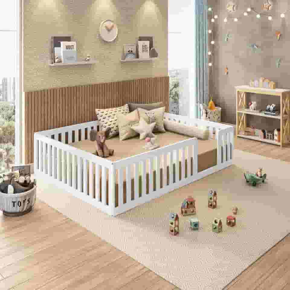 Cama Montessoriana Casal em Madeira Maciça com Grade Giulia Casatema Branco