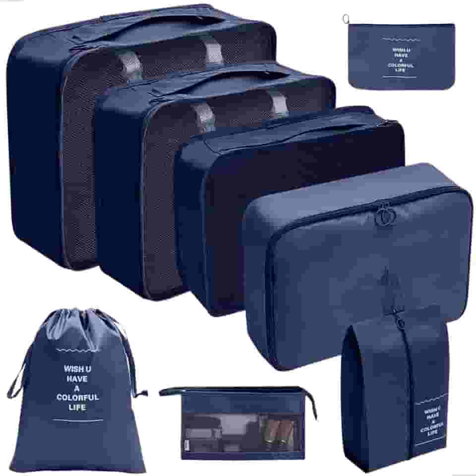Kit Organizador de Mala 8 Peças Packing Cubes com Compressão Porta Sapatos Necessaire Transparente Roupas Sujas para Viagem (Azul)