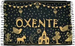 Canga de Praia Oxente Nordestino, Poliéster, Preta com Estampa Dourada, Design com Franja