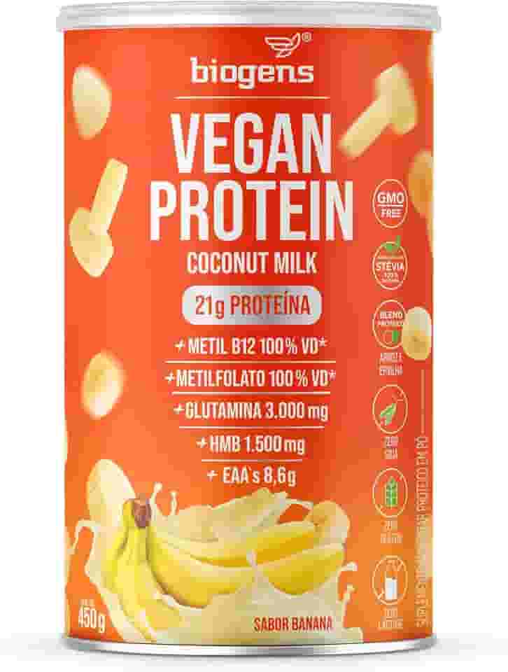 Vegan Protein coconut milk, 21g de proteína ervilha e arroz, GMO Free, Glutamina, HMB, EAAs, Vitaminas B Metil, 450g, Biogens (Banana)