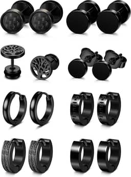 8 pares de brincos masculinos pretos de aço inoxidável preto para homens