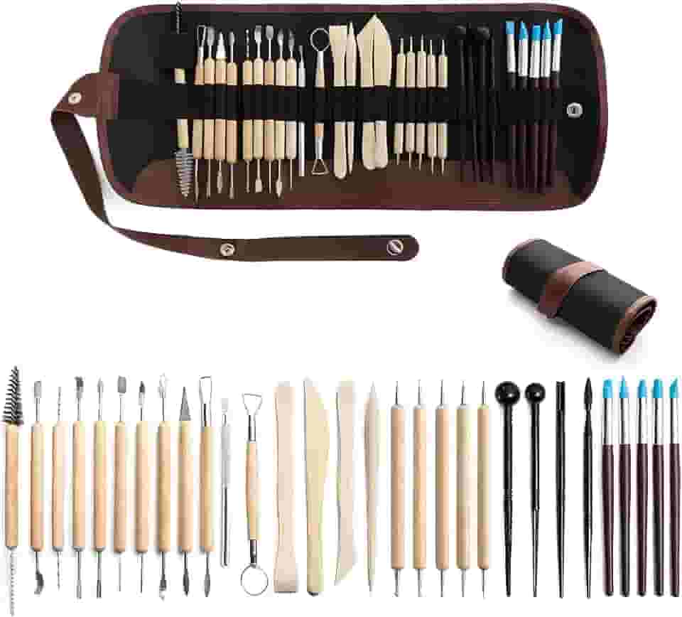 Kit de Ferramentas de Esculpir 30 Peças para Cerâmica Fria, Argila e Artesanato, Estecas ceramica fria - Ferramentas Profissionais Dupla Face, para Escultura e Criação de Peças Artísticas (Marrom)