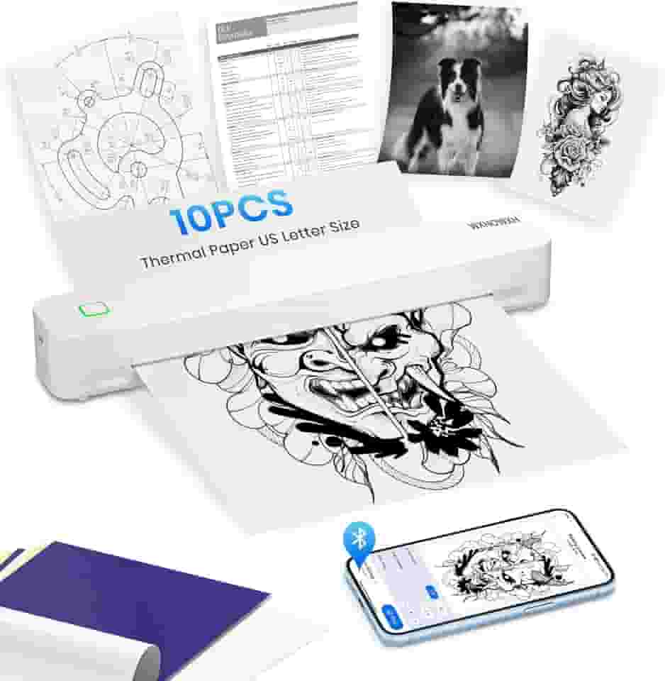 WXHOWXH Impressora portátil, impressoras portáteis sem fio para viagens, com 10 peças de papel térmico dobrado, bluetooth térmica sem tinta, suporte para impressora pequena, 21,6 cm x 28 cm, carta e