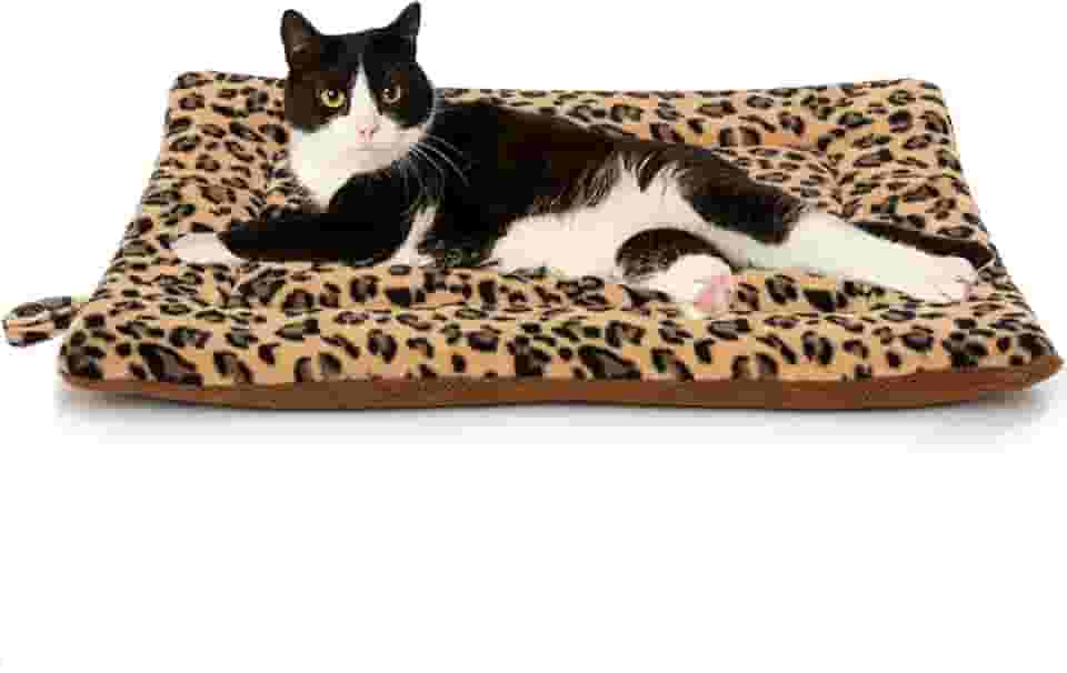 FLYSTAR Tapete de cama para gatos - Almofada fofa de leopardo com aquecimento automático, flanela macia e algodão, tapete confortável para gatos internos adequados para gatos pequenos, médios e