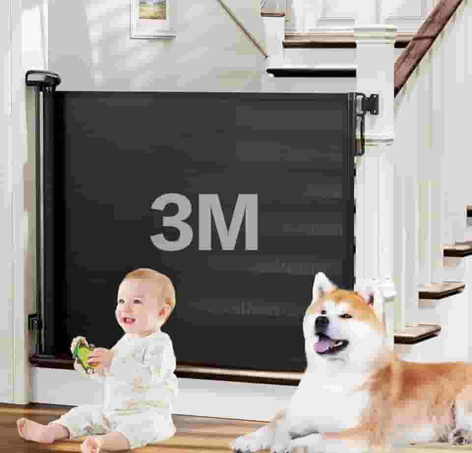 3m Portão Grade Retrátil de Proteção para Bebês e Cachorros, Portaozinho de Escada Instalação Sem Furos, Trava Dupla,Operação com uma mão,Portao Segurança Bebê Pet, Cercado para Cachorros(preto)