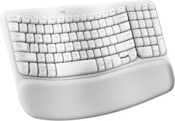 Teclado Ergonômico sem fio Logitech Wave Keys com Design Ondulado, Suporte para Descanso de Pulso Acolchoado, Bluetooth ou Receptor USB Logi Bolt, Compatível com Windows/Mac e Layout US - Branco