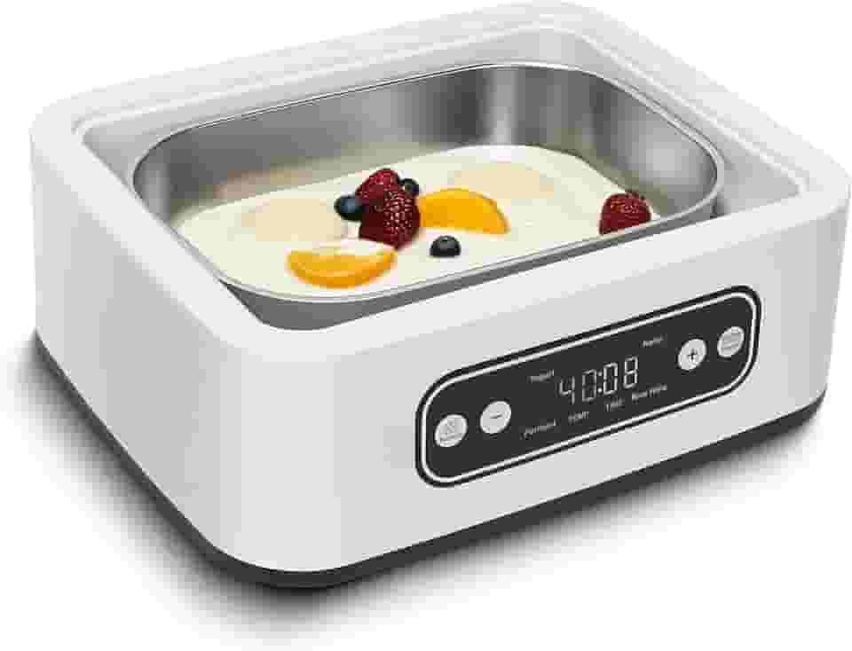 Máquina de iogurte de 1,7 litros com ajuste de temperatura (21°C-48°C/21.1 °C-47.8 °C) e tempo (1-99h), 110V-240V Auto-adaptável, pote interno de aço, livre de BPA, incremento Celsius, display LED de