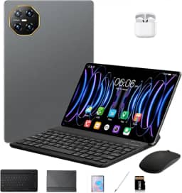 DIVENT-Tablet 3 em 1 com estojo/teclado/mouse/fone de ouvido, 10,1 polegadas, Android 14, 16GB de RAM + 512GB de ROM, câmera de 16MP + 32MP, GPS, Bluetooth, bateria de 8800mAh, Dual-SIM (cinzento)