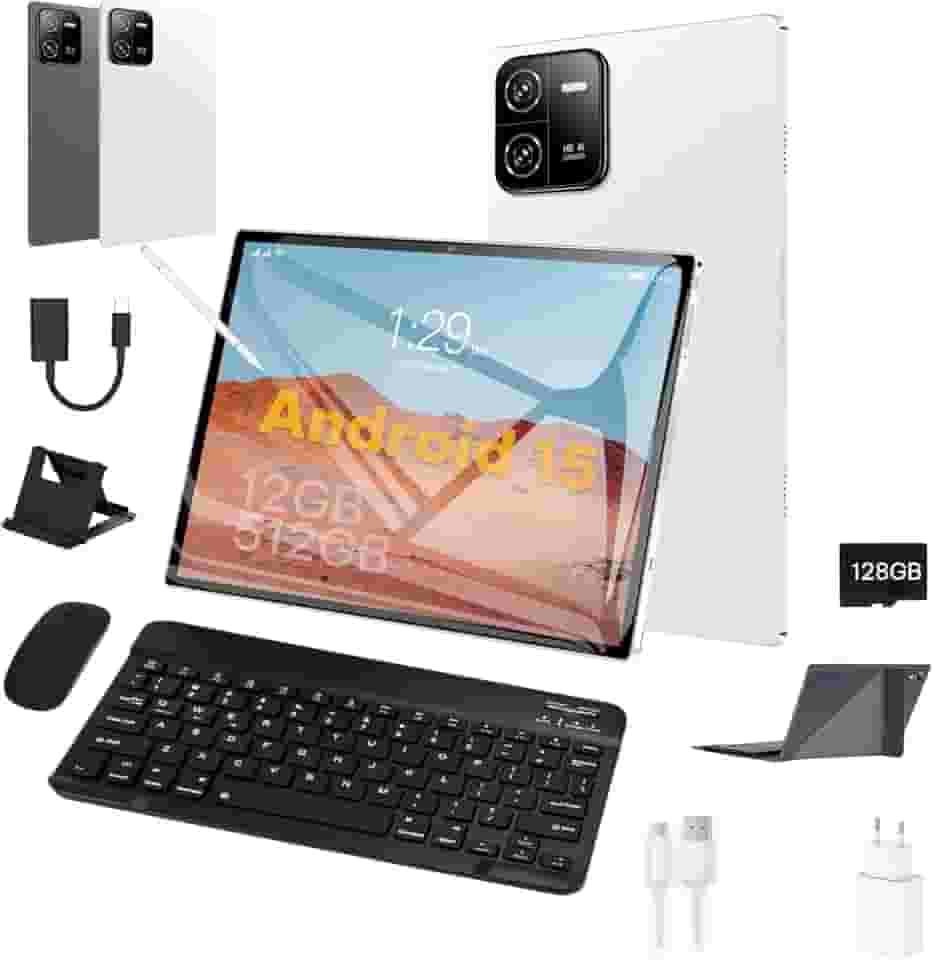 3 em 1 Tablet, com Capa/Teclado/Mouse, 10.1 Polegada, 1920×1200 Tela, 1920x1200 Tela Processador Octa-Core, 12GB RAM+512GB ROM, Câmera de 16MP + 32MP, Android 15, 8000mAh, Versão WiFi (branco)