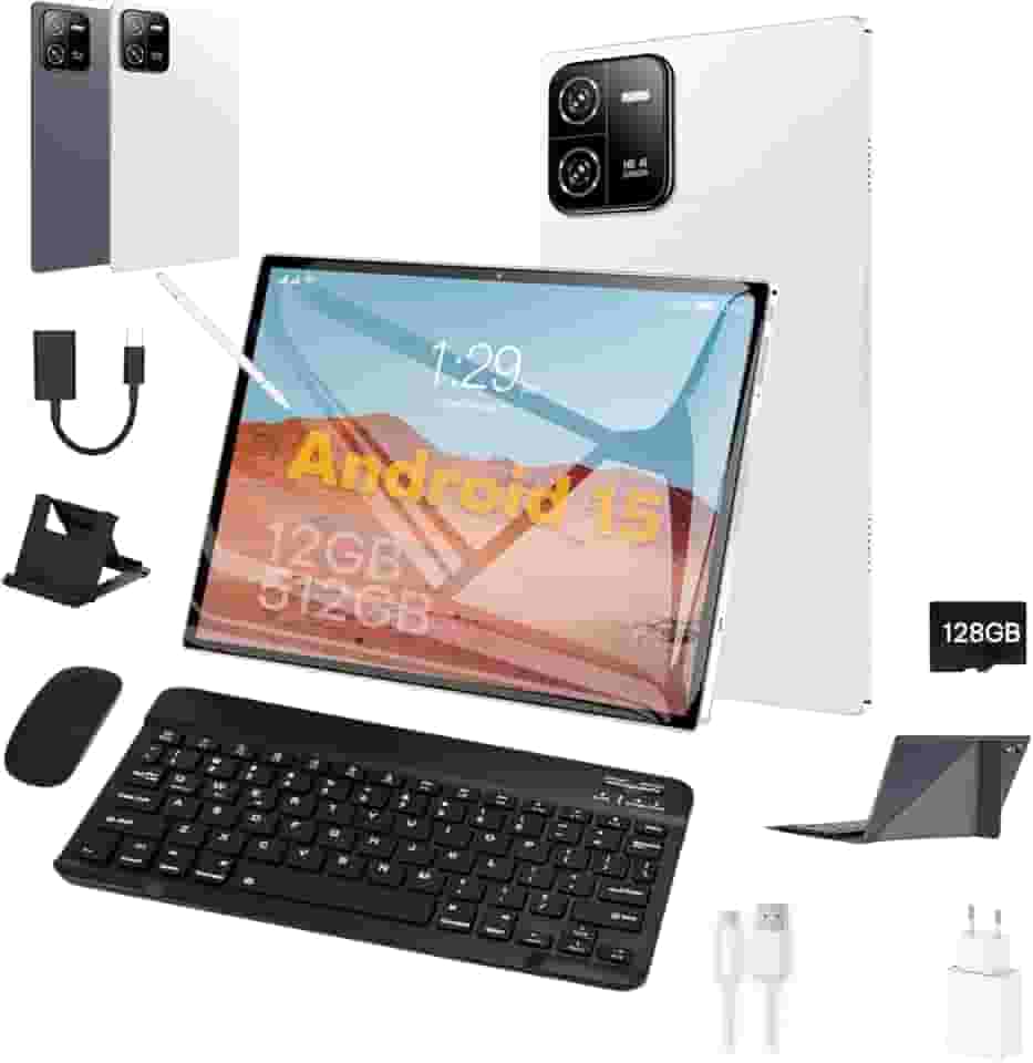 3 em 1 Tablet, com Capa/Teclado/Mouse, 10.1 Polegada, 1920×1200 Tela, 1920x1200 Tela Processador Octa-Core, 12GB RAM+512GB ROM, Câmera de 16MP + 32MP, Android 15, 8000mAh, Versão WiFi (branco)