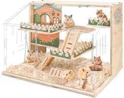 Gaiola de hamster de madeira grande, gaiola de acrílico de 3 camadas de 40,6 cm, gaiolas para animais pequenos com plataforma e cercadinho para observação direta, suprimentos para animais de estimação