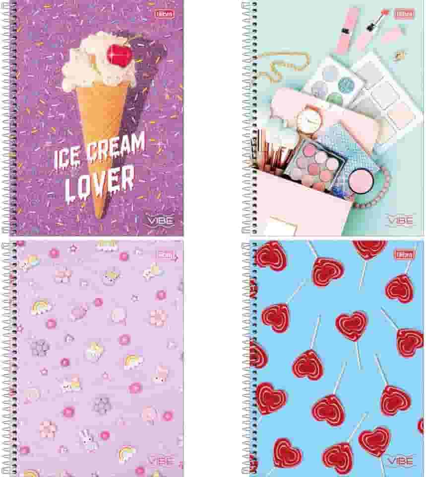 Kit com 4 Cadernos de 1 Matéria, Tilibra, Capa Dura, Vibe Feminino, 80 Folhas, Capas Sortidas