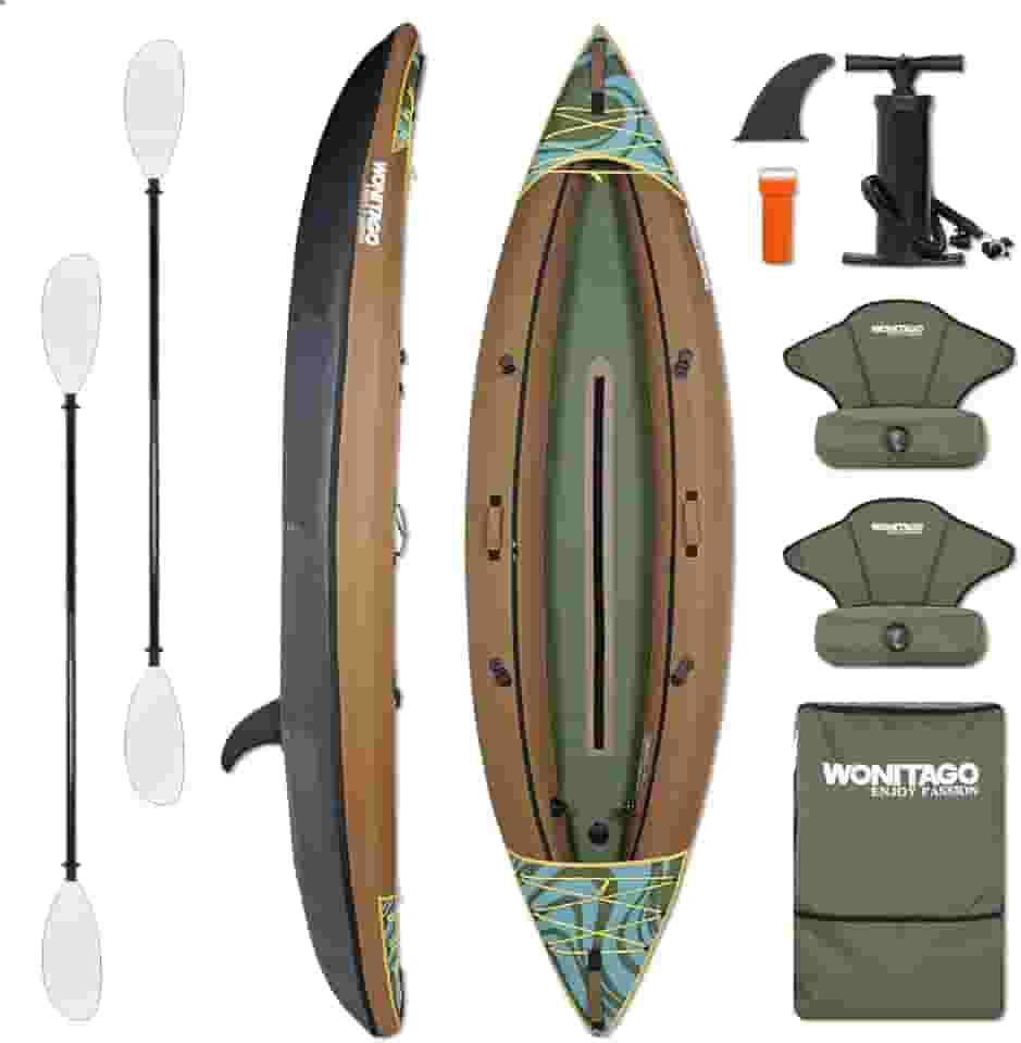 Caiaque inflável, tecido Oxford Ripstop portátil, caiaque de turismo recreativo com pá de caiaque de fibra de vidro, bomba de mão e bolsa de transporte, 1/2 pessoa