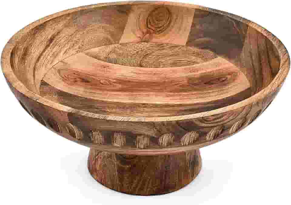 EDHAS Tigela de salada feita à mão com acabamento queimado de madeira de manga para saladas, frutas e sopas feitas à mão para cozinha e jantar (25 x 25 x 12 cm)