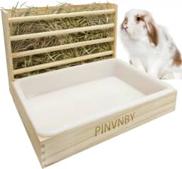 PINVNBY Rack de feno de coelho com caixa de areia de plástico, suporte de manjedoura de grama de coelho, alimentador de madeira de porquinho-da-índia e conjunto de vaso sanitário, móveis práticos para