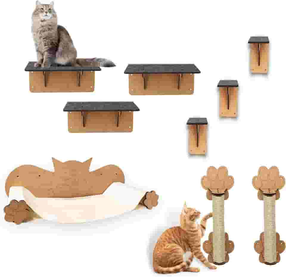 BOXFAN Parquinho Gato Kit 9 Peças Playground para Gatos de Parede Degraus Prateleiras Arranhador Rede Escadinha Mdf Circuito Suspenso – Design Moderno, Enriquecimento Ambiental e Diversão com Estilo