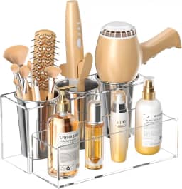 HIIMIEI Organizador de ferramentas de cabelo, suporte de acrílico para secador de cabelo, suporte para secador de cabelo de bancada de banheiro, organizador de acessórios para maquiagem, chapinhas,