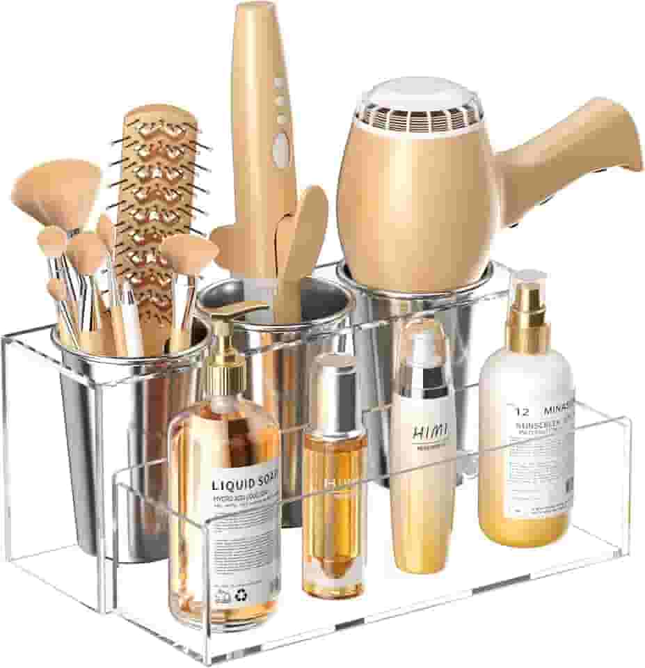 HIIMIEI Organizador de ferramentas de cabelo, suporte de acrílico para secador de cabelo, suporte para secador de cabelo de bancada de banheiro, organizador de acessórios para maquiagem, chapinhas,