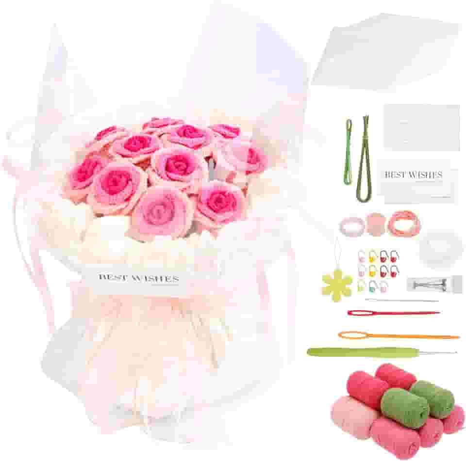 Kit de crochê para buquê de flores de rosa, kit de crochê para iniciantes, kit inicial de tricô de tulipa rosa simulação, buquê de malha artesanal, flores de cor brilhante, kits de artesanato DIY para
