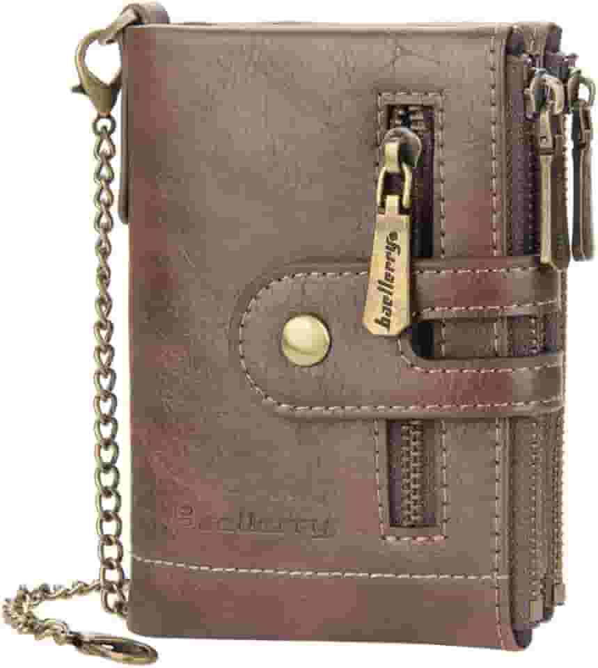 Carteiras masculinas de couro dobrável com corrente com bloqueio de RFID com zíper duplo, bolso para moedas, bolsa curta, Caqui, S, Clássico e Retro, Pequeno e Compacto, Couro Genuíno 14