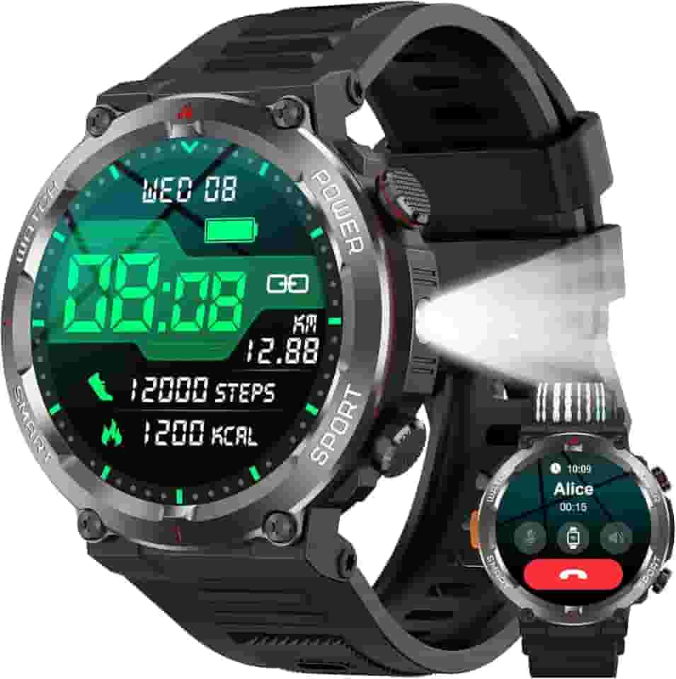 Smartwatch Militar Redondo 1.45' - Bateria 960mAh (30 Dias), Lanterna, Bússola, 120 Modos Esportivos, IP68, Chamadas Bluetooth - Android/iOS